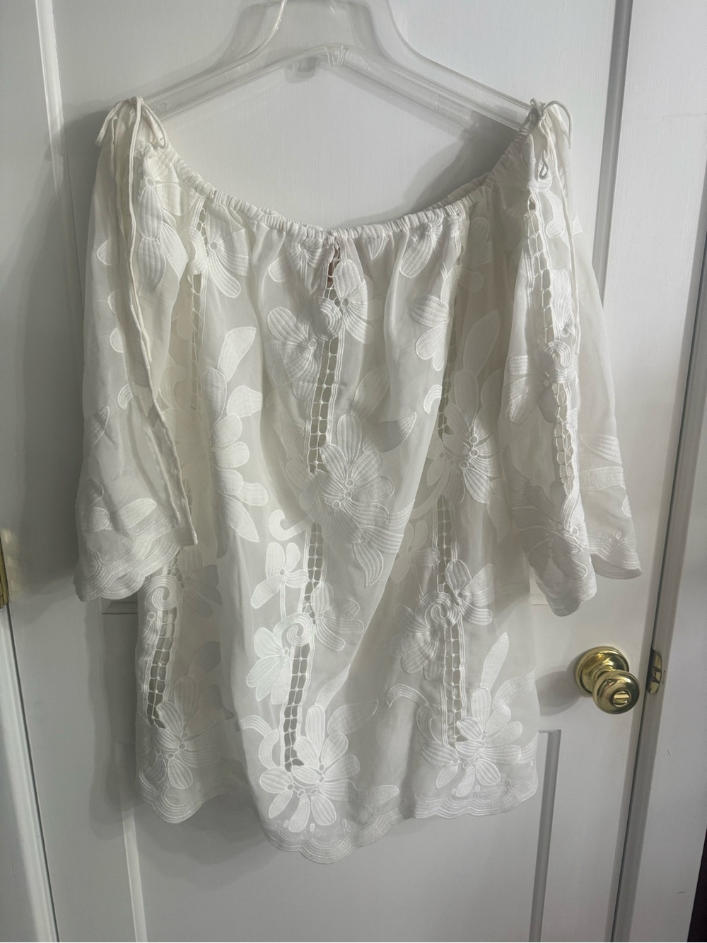 White Floral Embroidered Off-Shoulder Swim Cover-Up